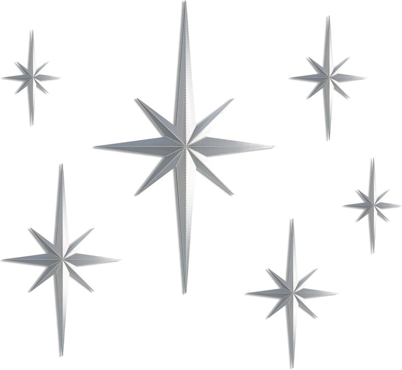 Stylor Mid Century Modern Decor, Mcm Retro 3D Star Art Wall Sculpture, Plastic Starburst Decor, Vintage Celestial Whimsigoth Home Decor Accent. (Set of 6, Silver) - Image 1